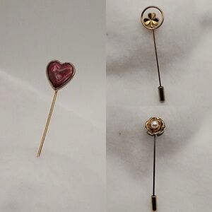 Vintage Hat Pins 3-for-25! Gold-Tone Clover Enamel Heart and Gold-Tone Flower